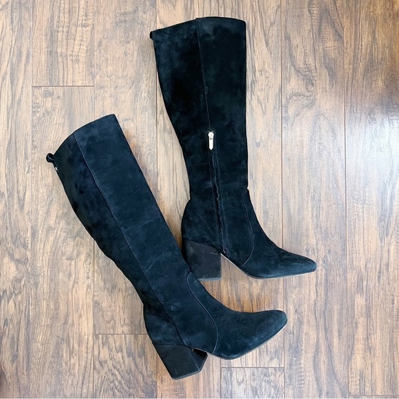 Sam Edelman • Thora Knee Boots black suede leather tall block heel almond toe - Picture 2 of 12